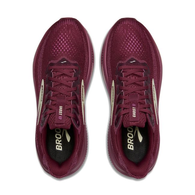 Upper of Brooks Women's Ghost 17 Running Shoes in Burgundy Red, Pink, Green