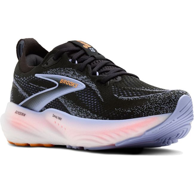 Angled view of Brooks Women’s Glycerin 22 running shoe in black, blue, and pink with cushioned midsole
