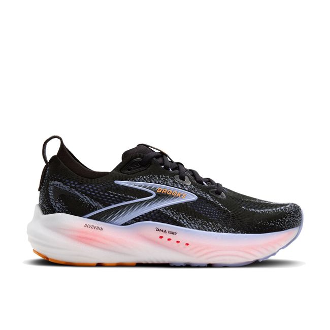 Side of Brooks Women’s Glycerin 22 running shoe in black, blue, and pink with cushioned midsole