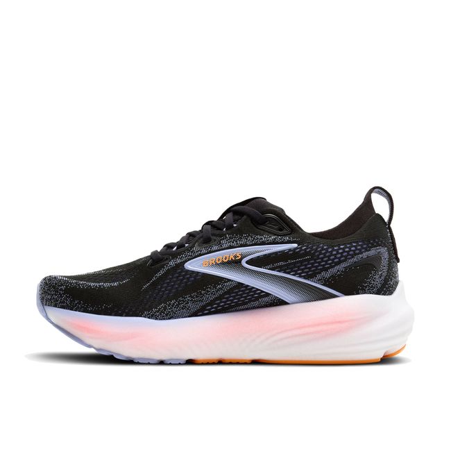 Medial side of Brooks Women’s Glycerin 22 running shoe in black, blue, and pink with cushioning