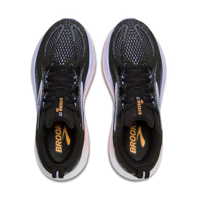 Upper of Brooks Women’s Glycerin 22 running shoe in black, blue, and pink with laces