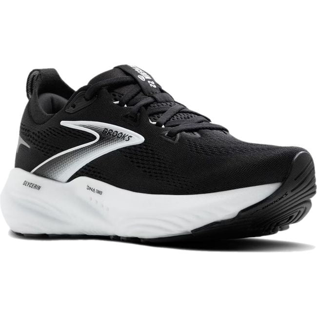 Front angled view of Brooks Women's Glycerin 22 Running Shoe in black and white