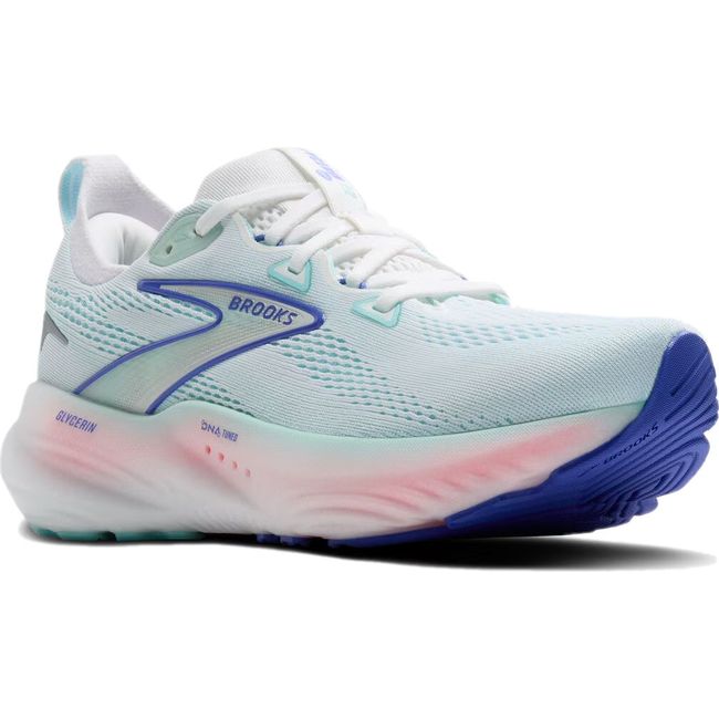 Front angled view of Brooks Women's Glycerin 22 Running Shoe in light blue and pink
