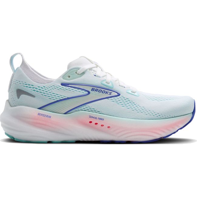Lateral side of Brooks Women's Glycerin 22 Running Shoe in light blue and pink