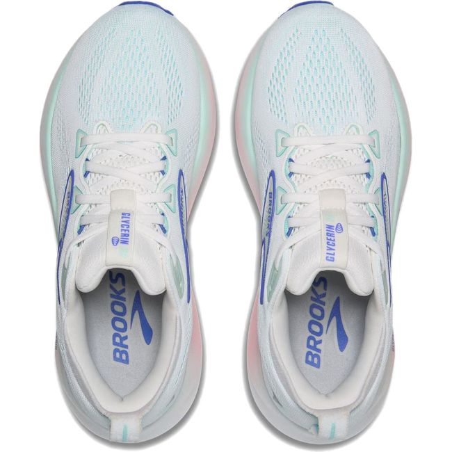 Top down view of Brooks Women's Glycerin 22 Running Shoe in light blue and pink