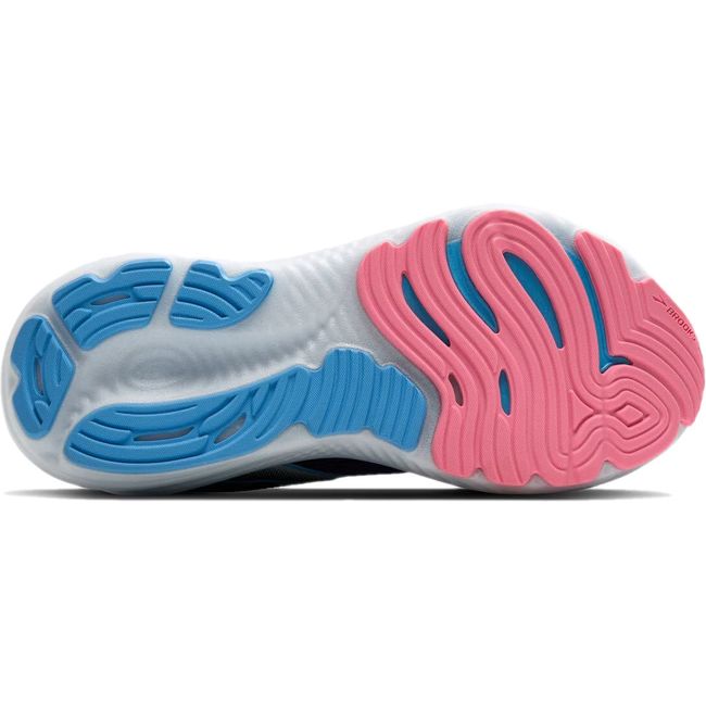 Sole of Brooks Women's Glycerin 22 Running Shoe in peacoat purple with blue and pink tread