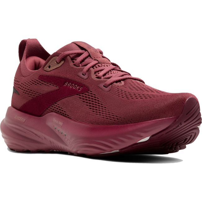 Front angled view of Women's Brooks Glycerin 22 Running Shoe in Berry Burgundy Rose