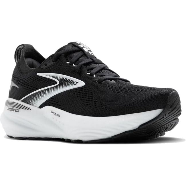 Front angled view of Brooks Women&#39;s Glycerin GTS 22 Running Shoe in black and white