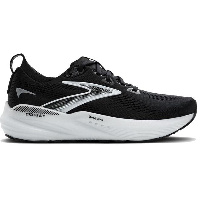 Lateral side of Brooks Women&#39;s Glycerin GTS 22 Running Shoe in black and white