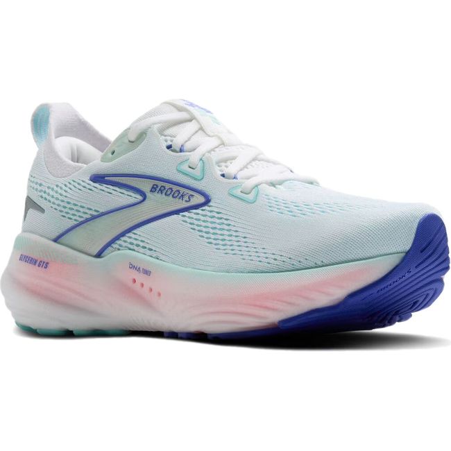 Front angled view of Brooks Women&#39;s Glycerin GTS 22 Running Shoe in light blue and pink