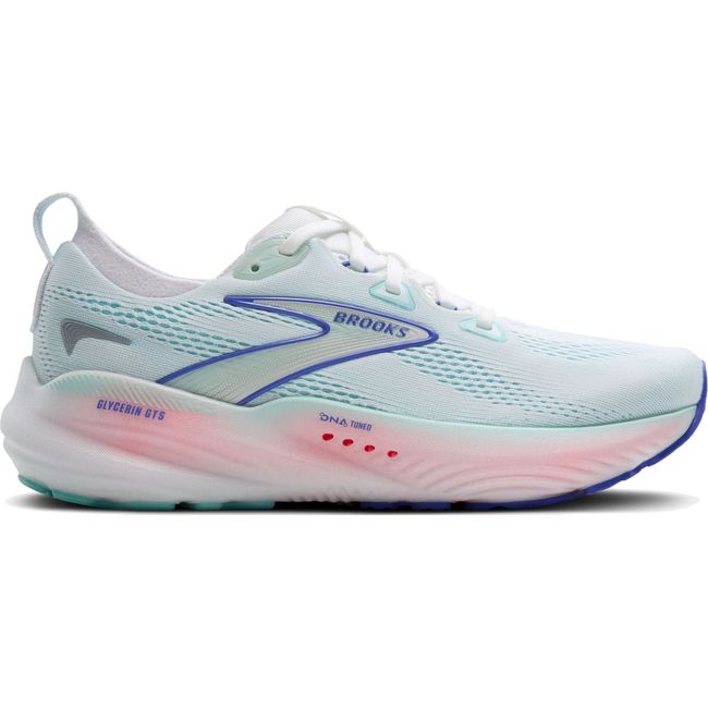 Lateral side of Brooks Women&#39;s Glycerin GTS 22 Running Shoe in light blue and pink