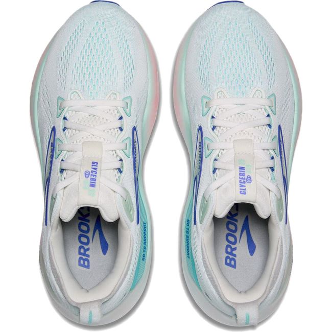 Top down view of Brooks Women&#39;s Glycerin GTS 22 Running Shoe in light blue and pink