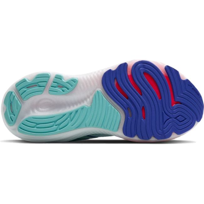 Sole of Brooks Women&#39;s Glycerin GTS 22 Running Shoe in blue, light blue, and pink