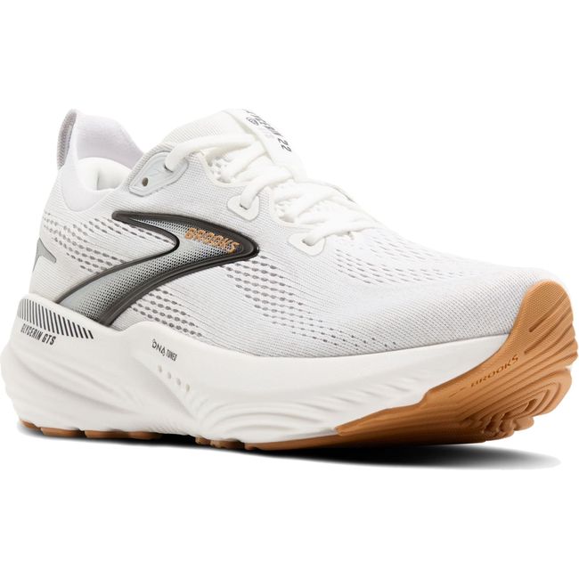 Front angled view of Women&#39;s Brooks Glycerin GTS 22 Running Shoe in White, Grey, and Black