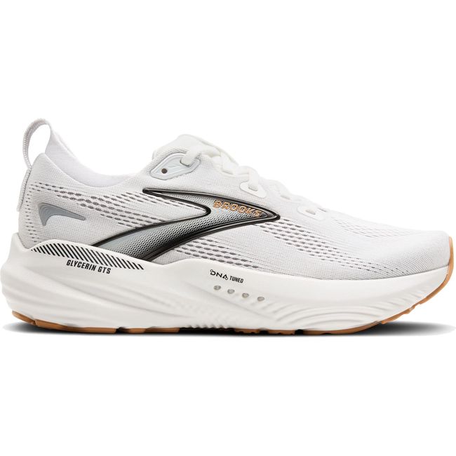 Lateral side of Women&#39;s Brooks Glycerin GTS 22 Running Shoe in White, Grey, and Black