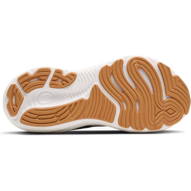 Sole of Women's Brooks Glycerin 22 Running Shoe in White, Grey, and Black with tan tread