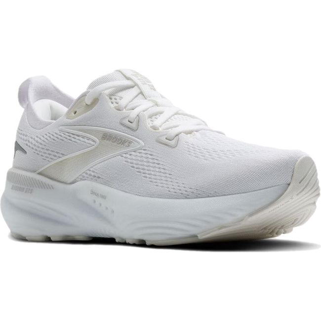Front angled view of Brooks Women's Glycerin GTS 22 Running Shoe in all white