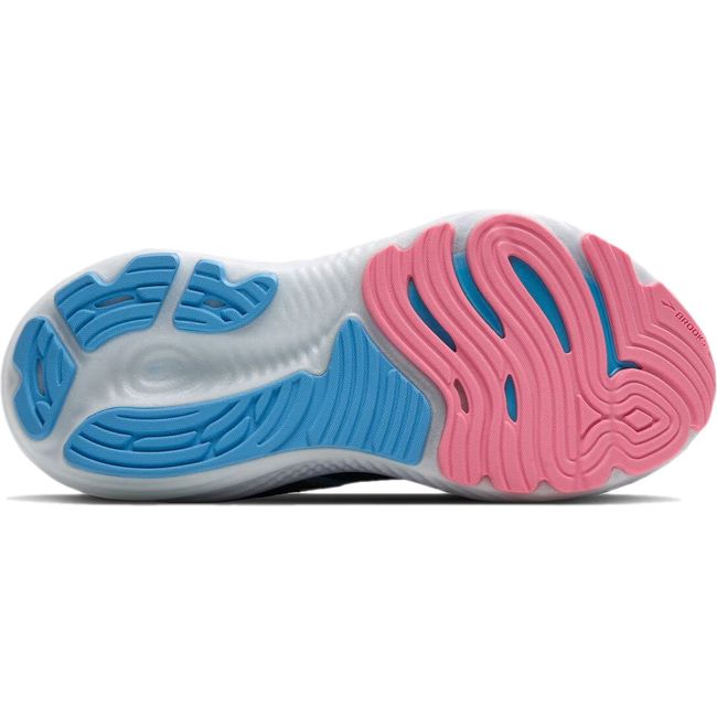 Sole of Brooks Women&#39;s Glycerin GTS 22 Running Shoe in peacoat purple with light blue and pink tread