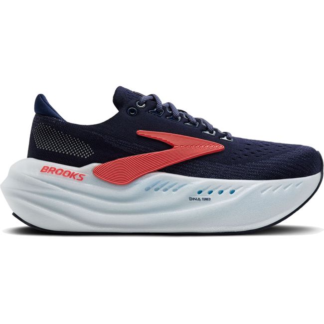 Lateral of Women&#39;s Brooks Glycerin Max Running Shoe. Peacoat Blue upper and max cushion white sole