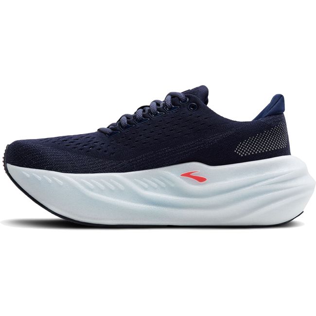 Medial of Women&#39;s Brooks Glycerin Max Running Shoe. Peacoat Blue upper and max cushion white sole