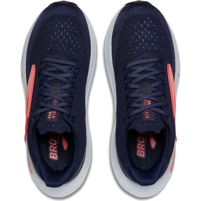 Top of Women&#39;s Brooks Glycerin Max Running Shoes. Peacoat Blue upper and coral accents