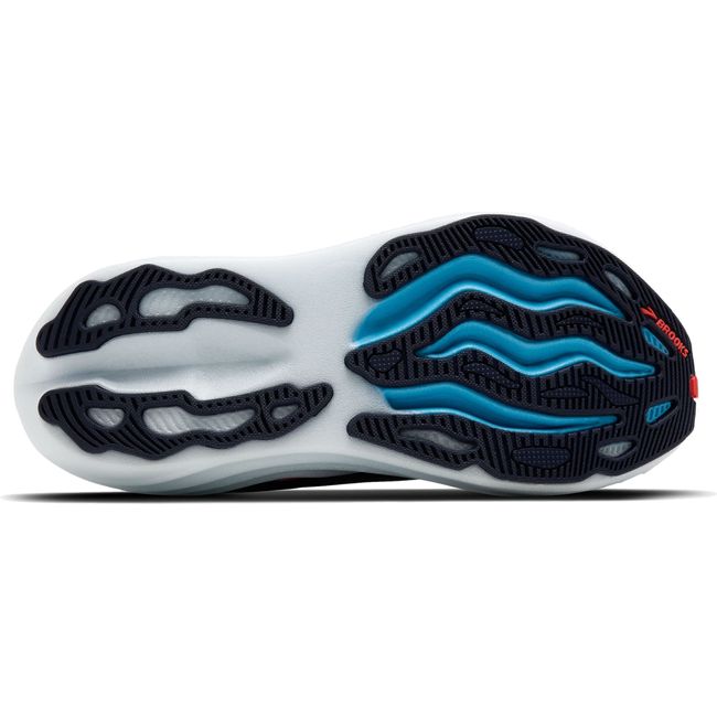 Sole of Women&#39;s Brooks Glycerin Max Running Shoe. Max cushion white sole with black tread