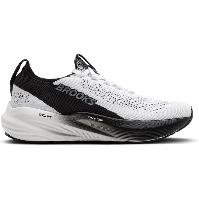 Lateral side of Brooks Women&#39;s Glycerin Stealthfit 22 Running Shoe in White, Grey, and Black