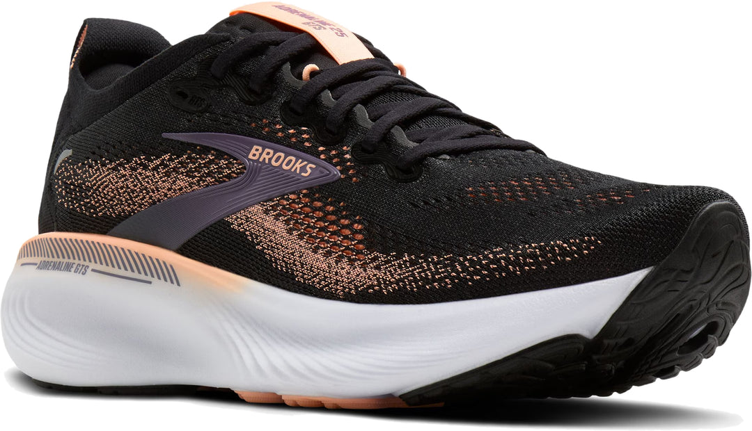 Brooks Women's Adrenaline GTS 25 running shoe in Black with rose gold speckled knit upper and Peach outsole accent