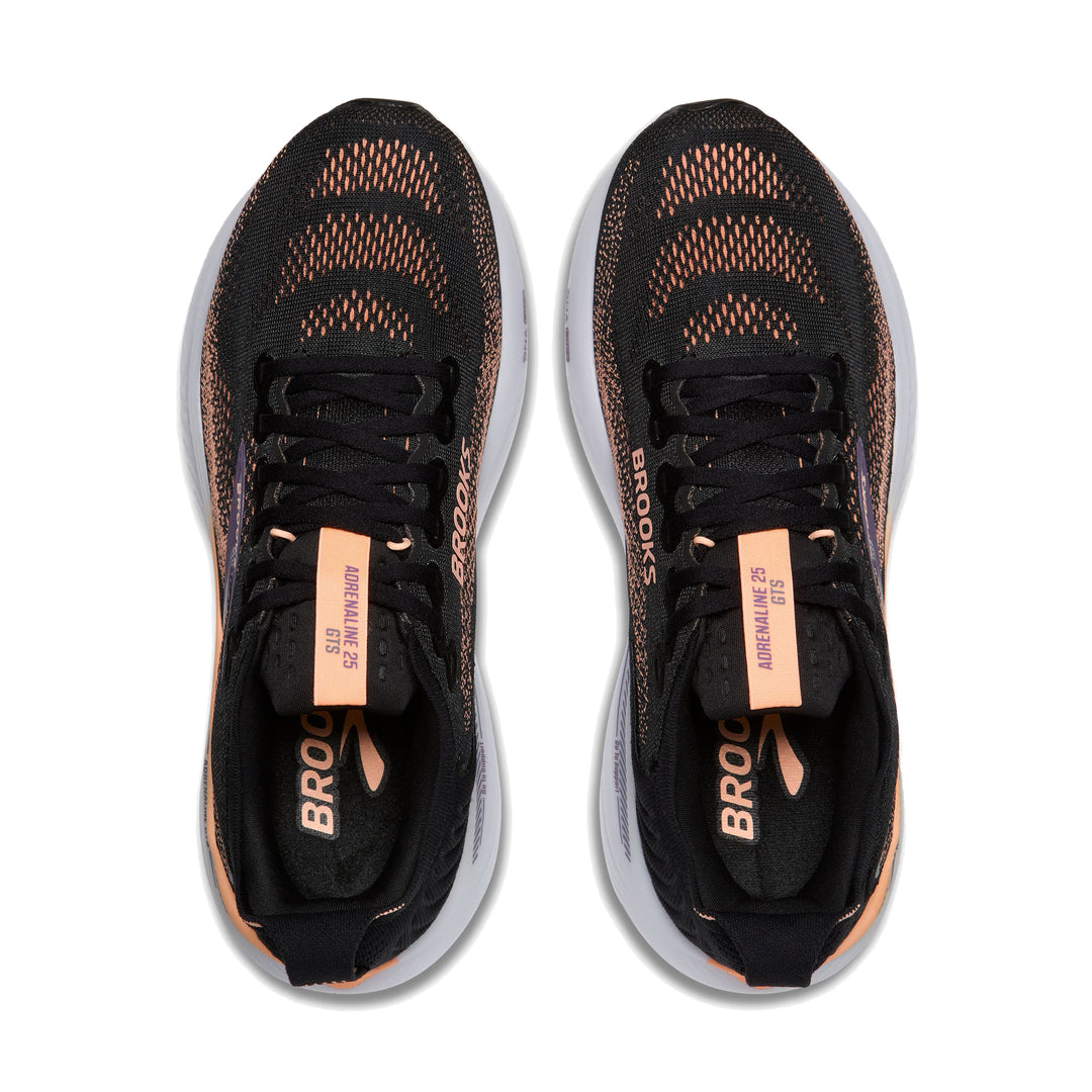 Top-down pair view of Brooks Adrenaline GTS 25 in black showing rose gold speckled mesh upper and lace system