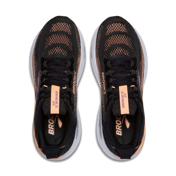 Top-down pair view of Brooks Adrenaline GTS 25 in black showing rose gold speckled mesh upper and lace system