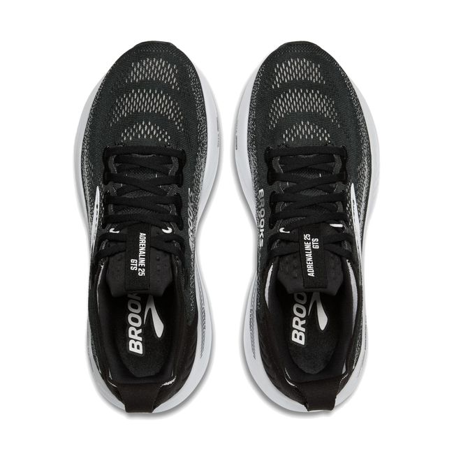 Top-down pair of Brooks Adrenaline GTS 25 in black showing breathable mesh upper with grey and white accent details