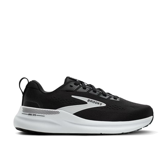 Lateral profile of Brooks Ariel GTS 26 women's shoe in black showing white midsole and GuideRails support base