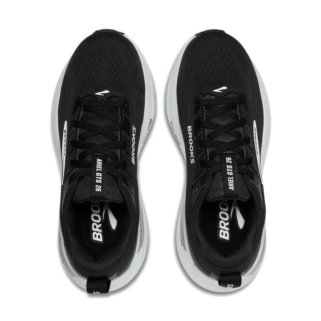 Top-down pair of Brooks Ariel GTS 26 in black showing roomy mesh upper with grey and white Brooks logo detail