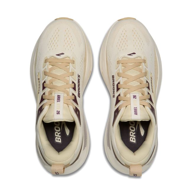 Top-down pair of Brooks Ariel GTS 26 in coconut showing roomy mesh upper with sand and purple accent details