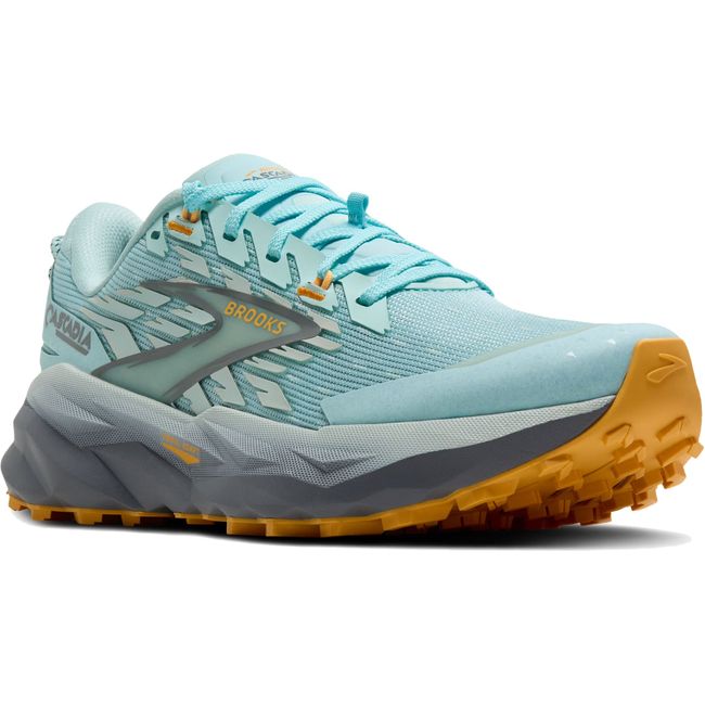Brooks Women’s Cascadia 19 trail running shoe in blue with grey cushioned midsole.