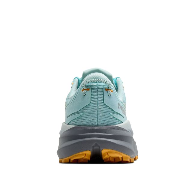 Heel of Brooks Women’s Cascadia 19 trail running shoe in blue with grey cushioned midsole.