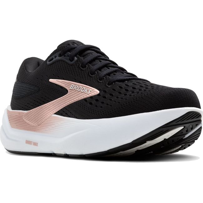Front angled view of Women's Brooks Ghost Max 3 Running Shoe in Black and Rose Gold