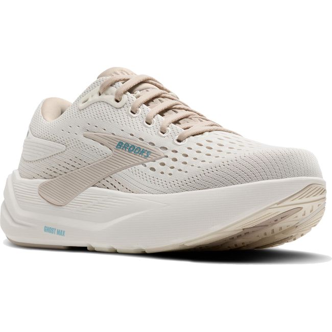 Front angled view of Women's Brooks Ghost Max 3 Running Shoe in Coconut Beige Chateau Grey
