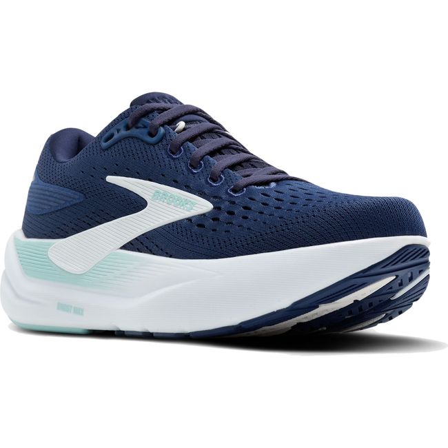 Front angled view of Women's Brooks Ghost Max 3 Walking and Running Shoe in Navy Peacoat Clearwater