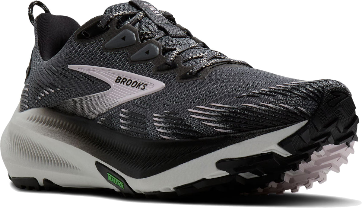 Angled view of Brooks Women's Ghost Trail Running Shoe in Poppyseed Grey, Black, Pink