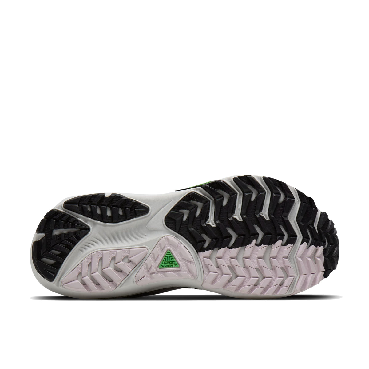 White sole of Brooks Women's Ghost Trail Running Shoe in Poppyseed Grey, Black, Pink
