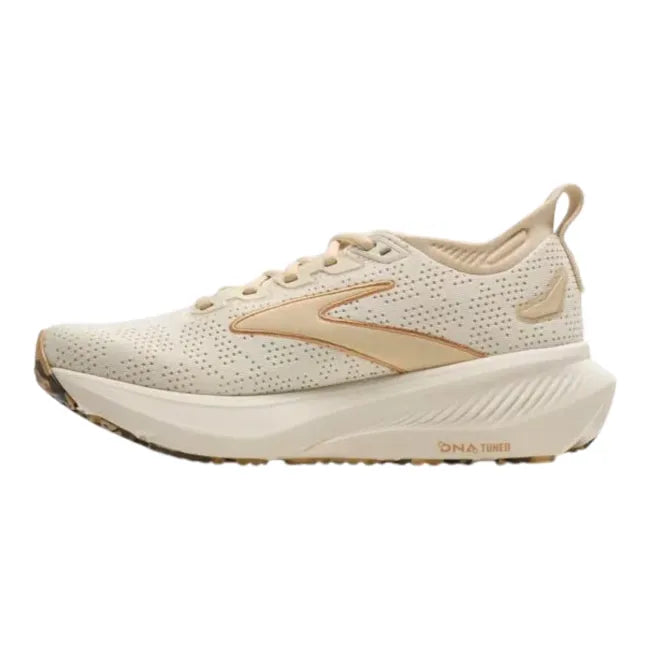 Medial profile of Brooks Glycerin 23 in beige and creme showing plush cushioned midsole stack