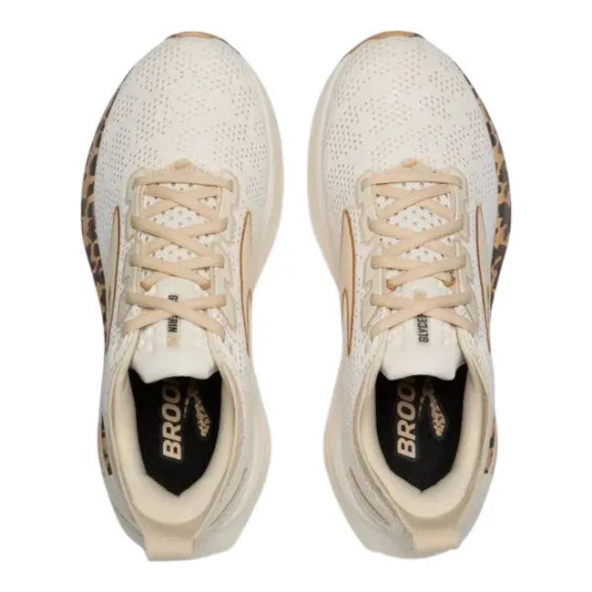 Top-down pair of Brooks Glycerin 23 in cream showing neutral knit mesh upper and gold Brooks logo accents
