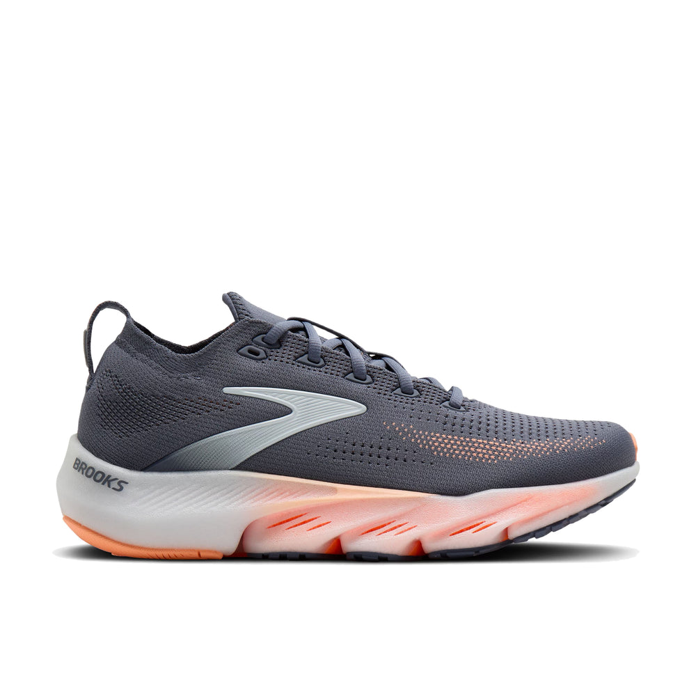 Lateral side profile of Brooks Glycerin Flex in grey and peach showing midfoot flex groove and midsole stack