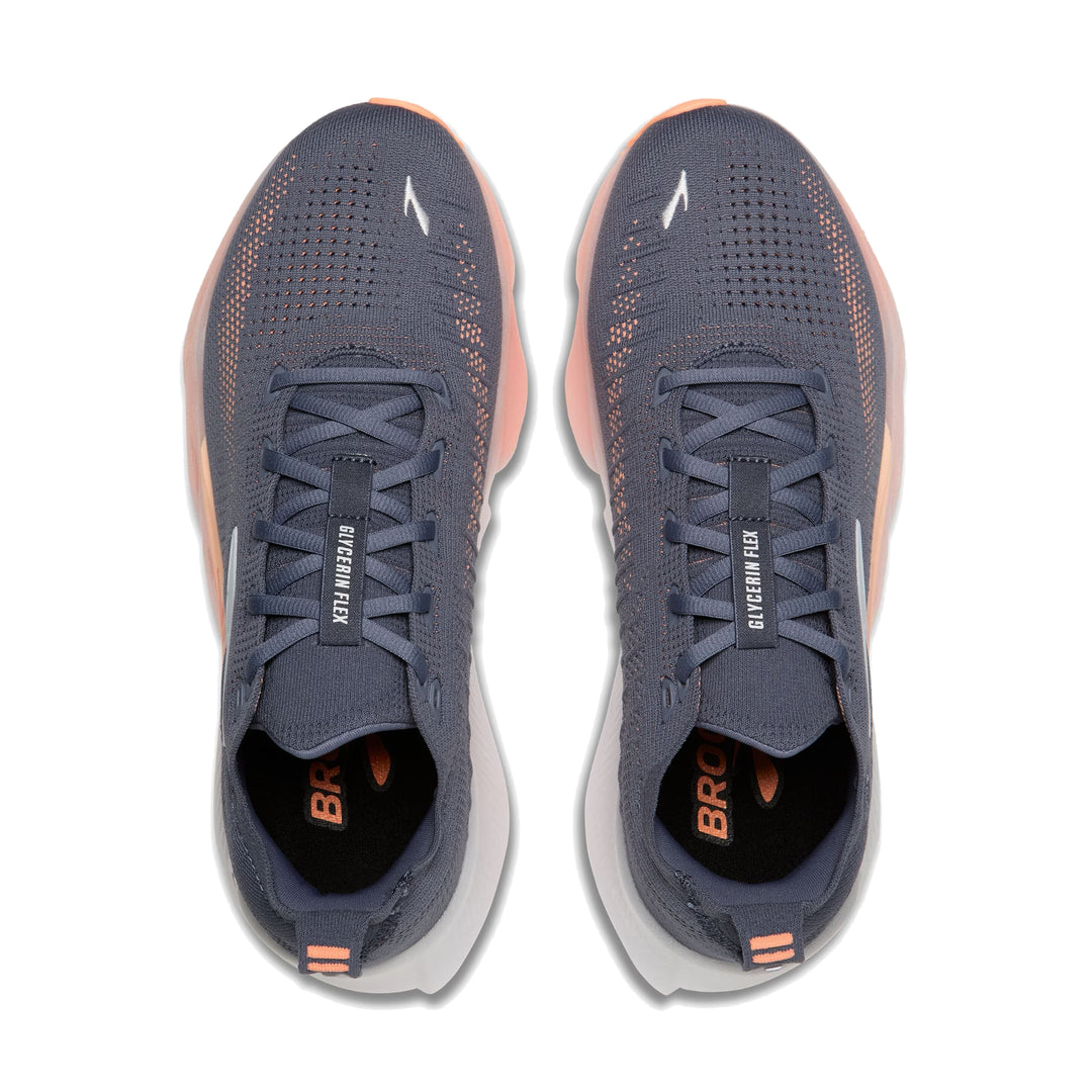Top-down pair view of Brooks Glycerin Flex in grey showing knit mesh upper and lace system with peach and orange accents