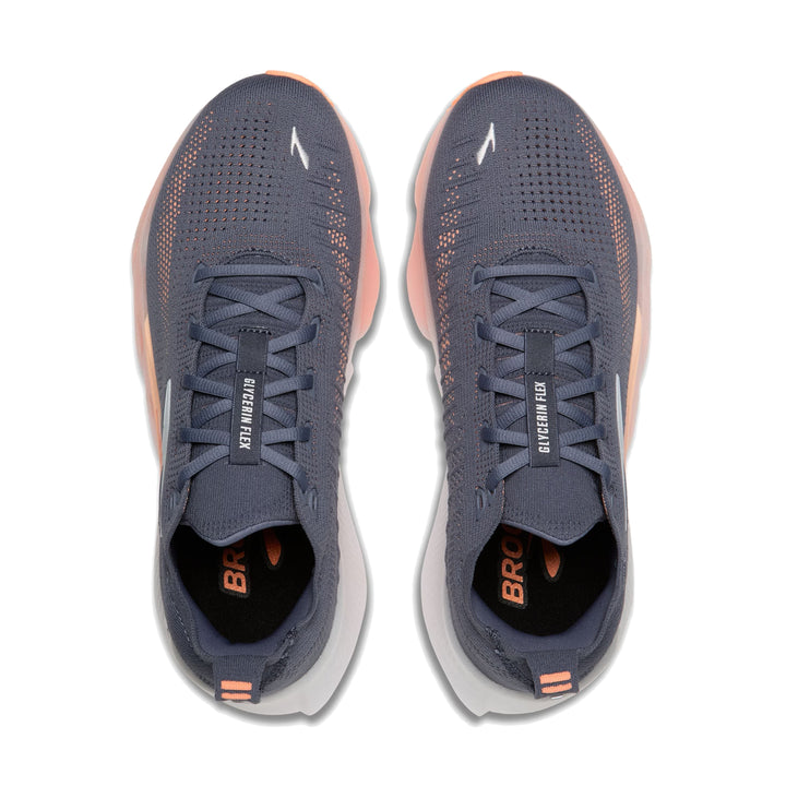 Top-down pair view of Brooks Glycerin Flex in grey showing knit mesh upper and lace system with peach and orange accents