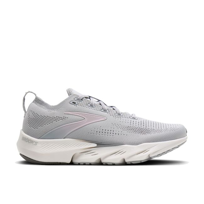 Lateral side of Brooks Women's Glycerin Flex Running Shoe in Grey Harbor Mist, Poppy Seed, & Pink