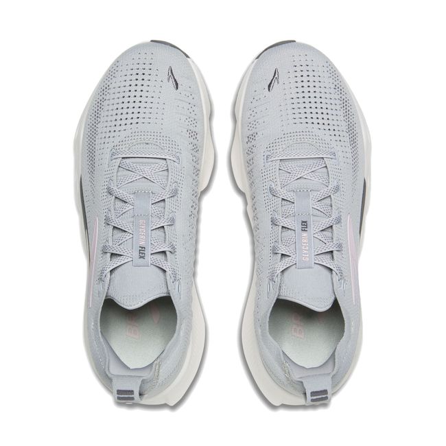 Mesh upper of Brooks Women's Glycerin Flex Running Shoes in Grey Harbor Mist, Poppy Seed, &amp; Pink