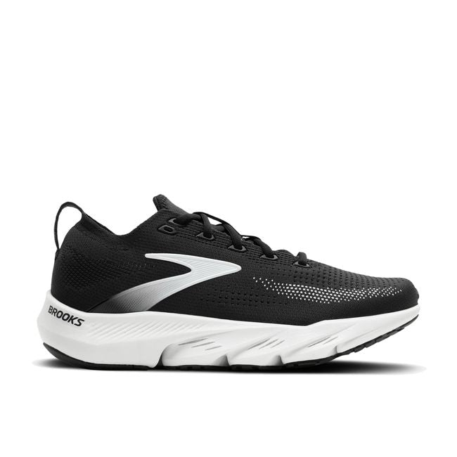 Lateral profile of Brooks Glycerin Flex women's running shoe in black with white sole