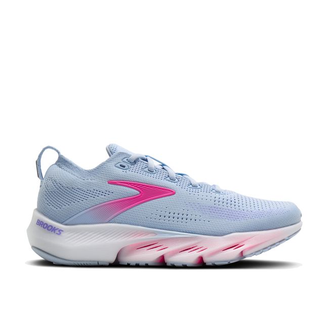 Lateral profile of Brooks Glycerin Flex women's shoe in skyway blue showing pink midfoot flex groove and white midsole
